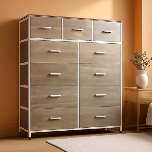 Tall Dresser for Bedroom, Fabric Dresser Storage Tower, Dresser & Chest of Drawers Organizer Unit with 11 Drawers, Storage Cabinet, Hallway, Closets, Steel Frame, Wood Top (Greige)