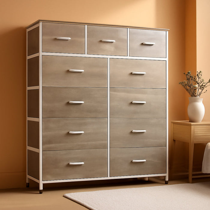 Tall Dresser for Bedroom, Fabric Dresser Storage Tower, Dresser & Chest of Drawers Organizer Unit with 11 Drawers, Storage Cabinet, Hallway, Closets, Steel Frame, Wood Top (Greige)