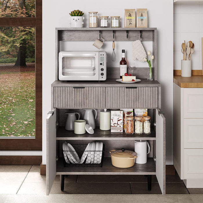 Fluted Sideboard Buffet Cabinet with Storage, Modern Coffee Bar Cabinet with Adjustable Shelves & 2 Drawers, Wood Buffet Console Table for Dining Room Living Room Kitchen Entryway, Grey