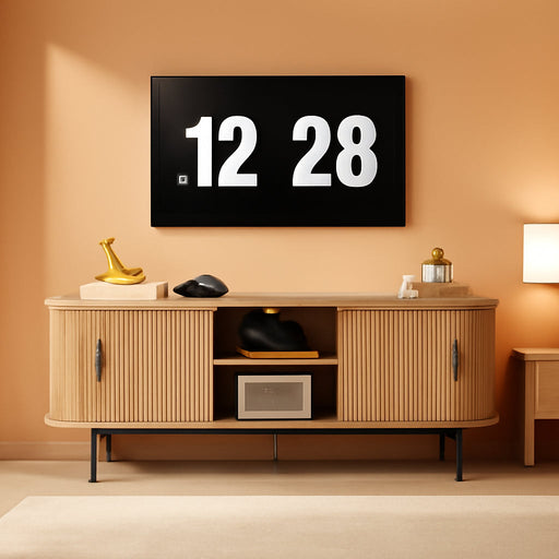 63" Fluted TV Stand for 65/70 Inch TV, Mid Century Modern TV Console with Sliding Doors, Curved Gaming Entertainment Center, Media Console for Living Room, Bedroom (Natural, 63Inch-4Doors)