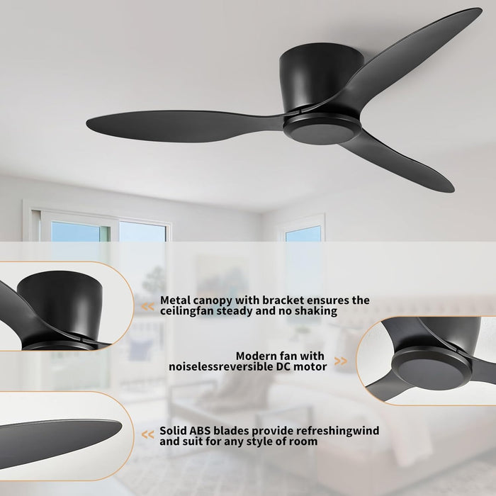 Ceiling Fans No Light with Remote Control Flush Mount 42 Inch Black Low Profile Ceiling Fan without Lights for Bedroom Kitchen Living Room Outdoor Indoor 6 Speed Reversible DC Motor FCC