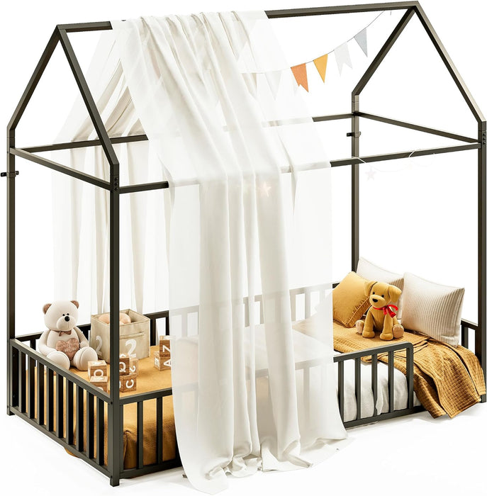 Twin Floor Platform Bedframe With Overhead Guardrails