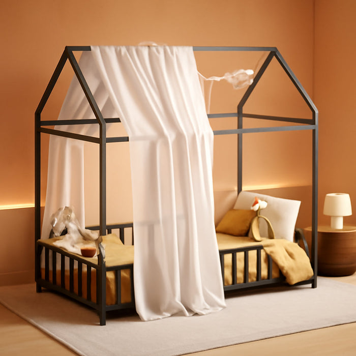Twin Floor Platform Bedframe With Overhead Guardrails