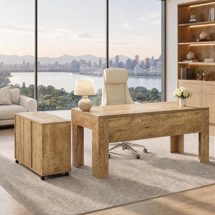 L Shaped Executive Office Desk with Drawers, Light Brown