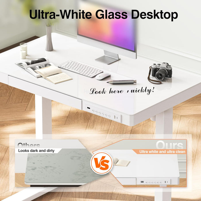 35" Glass Standing Desk with Drawer and USB Ports, Electric Height Adjustable Desk for Home Office, White Sit Stand Table with Storage, Easy Assembly Computer Desk for Small Spaces
