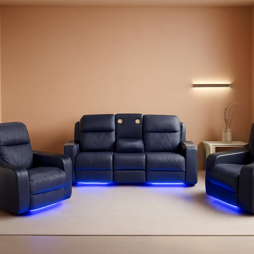 Breathable Leather Power Recliner Sofa Set, 3 Piece Living Room Furniture Set, Electric Reclining Couch Loveseat Chair with Cup Holders, LED Light, USB Port and Storage for Home Theater (Blue-Gray)
