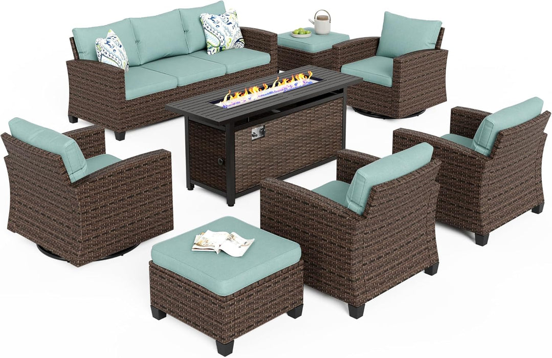 Swivel Glider Patio Furniture Set, 8 Pcs Wicker Rattan Outdoor Conversation Set, 2 X Swivel Chairs, 2 X Leg Chairs, 1 X 3 Seater Sofa and 2 X Ottomans and 56" Fire Pit Table, Blue