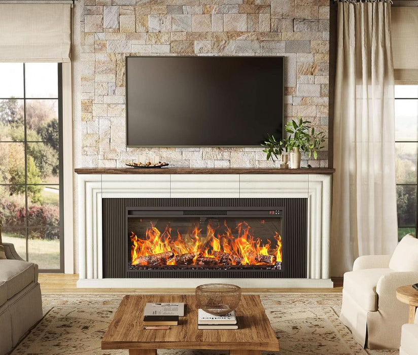 70'' Fireplace TV Stand with 42'' Electric Fireplace, Farmhouse TV Stand for 65 75 Inch TV, Entertainment Center TV Console with 3 Drawers, Fluted Design, for Living Room, Distressed White