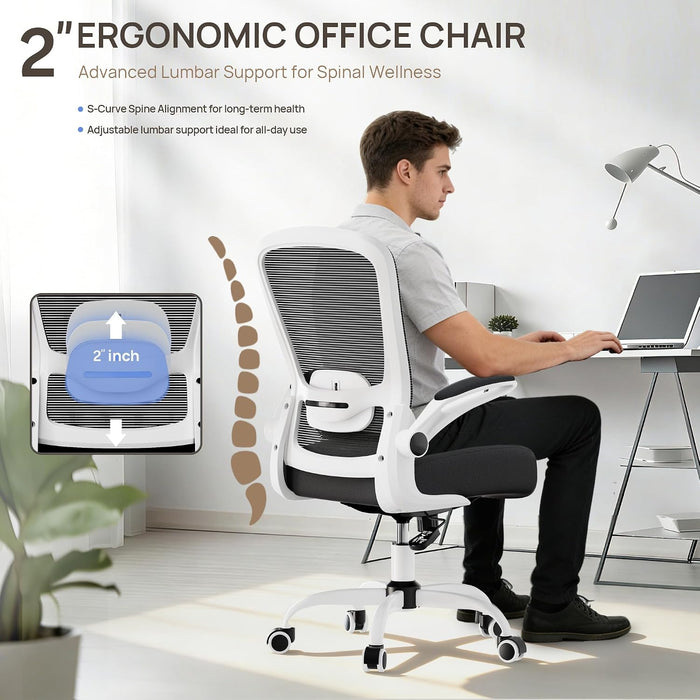 Ergonomic Office Chair - Desk Chair with Flip-Up Armrests & 135° Recline, Adjustable Lumbar Support - Space-Saving Task Chair for Business/Team Office & Home (White Frame-Black, 300Lbs)