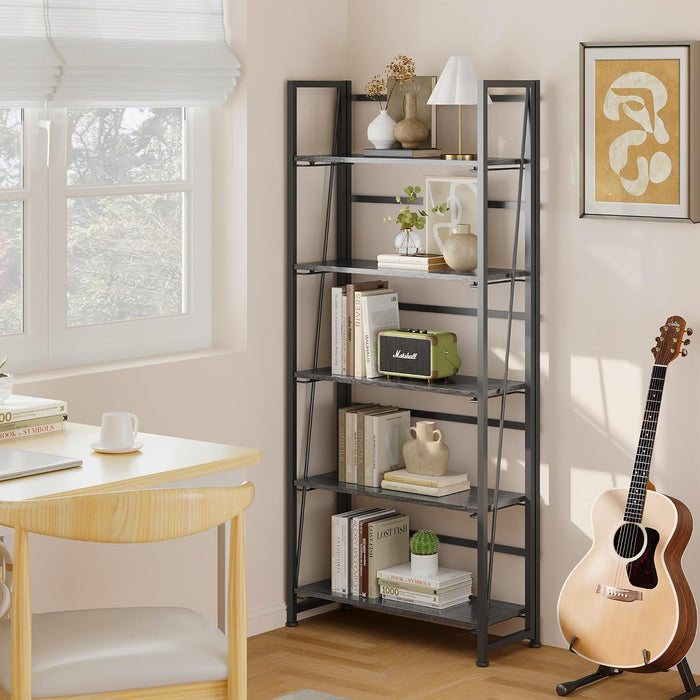 Vintage Multifunctional Folding Bookshelf, No-Assembly Plant Stand Storage Rack Shelves for Home Office (Gray, 5-Tier)