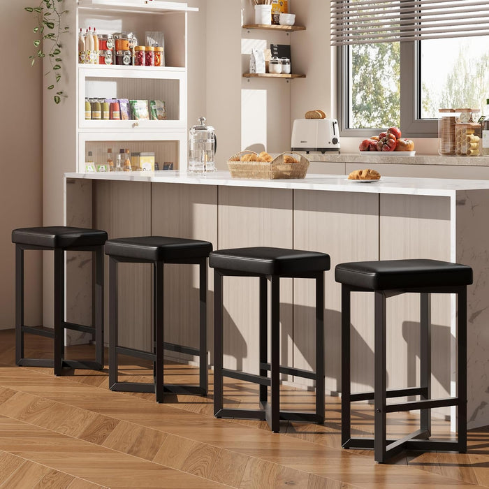 Bar Stools Set of 4, 24.6" Counter Height Backless Barstools | Black Upholstered PU Leather Seats, Metal X-Frame & Footrest, Modern Kitchen Stools for Home Bar, Dining Room
