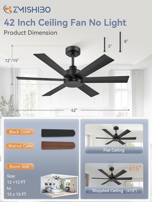 42 Inch Black Ceiling Fan without Light, Bedroom Ceiling Fan No Light, 6 Blades, Quiet Reversible DC Motor, 6-Speeds, Small Ceiling Fan for Bedroom, Living Room, Patio, Indoor/Outdoor Use