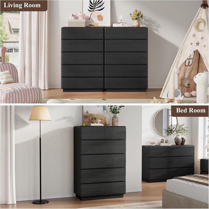 Black 6 Drawer Dresser for Bedroom, 48" Tall Dressers & Chest of Drawers with Curved Profile Design, Modern Dresser with Thickened Base for Bedroom, Living Room, Hallway