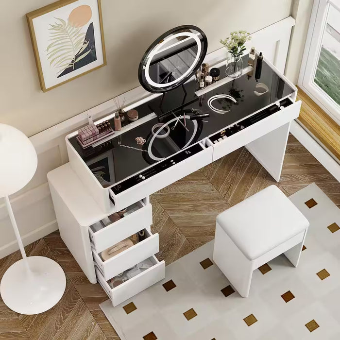 White Wood Makeup Vanity Sets Wood Dressing Desk with 5-Drawers, See-Through Glass Top Table, LED Light Mirror and Stool