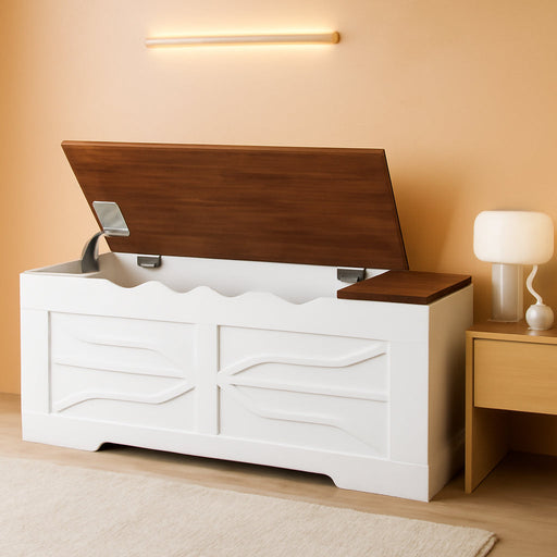 Storage Bench, 47.2'' Toy Box with Safety Hinges, Farmhouse Storage Chest with Side Storage Cubby, for Entryway, Bedroom, Living Room, White and Walnut WH96CW01