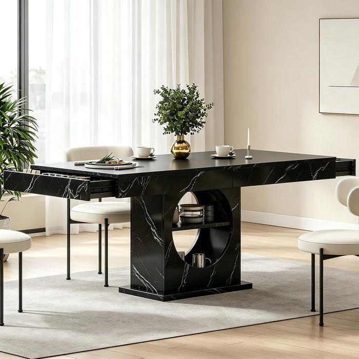 Dining Table for 4-6 People, 55 Inches Dinner Table with Drawers and Open Storage, Wooden Pedestal Base, Rectangular Farmhouse Kitchen Table for Kitchen, Living Room (Marble Black)