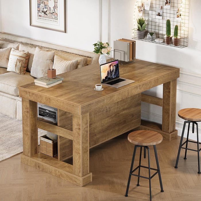 Bar Table, 55-Inch Counter Height Pub Table with Storage Shelves, High Top Kitchen Dining Table, Rectangle Wood Home Bar Unit for Dining Room, Bistro, Rustic Brown