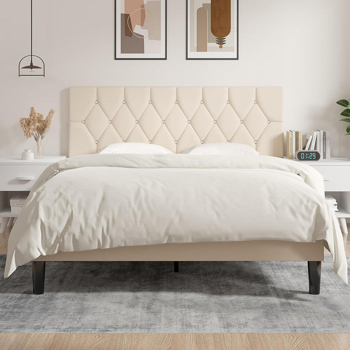 Tufted Upholstered Headboard Queen Size, with 6 Adjustable Height from 39.8" to 49.8", Button Diamond Design, Easy Assembly, Cream Beige