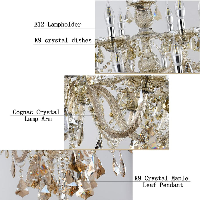 Modern Luxury K9 Crystal Chandelier, 12-Light Cognac Crystal Pendant Light,Candle Style Crystal Lamp Lighting Fixture for Dining Room,Hotels, Hall Way, Bars, Restaurants (12 Lights)