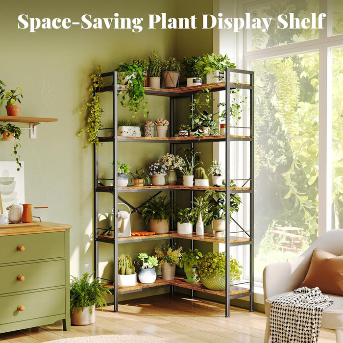 5 Tier Bookshelf, L Shaped Corner Bookshelf with 10 Open Shelves, 49.4 Inch Straight Wide Bookcase with Metal Frame and Wooden Board, Adjustable Feet, Rustic Brown