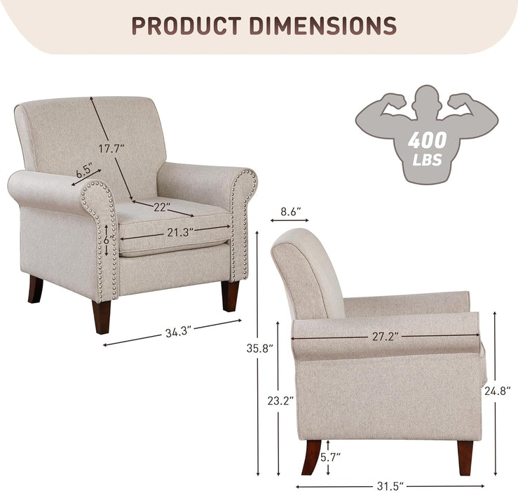 Upholstered Living Room Chair - Large Comfy Fabric Accent Chair Single Sofa with Cushion, Rolled Armrest & Nailhead Trim, Mid Century Farmhouse Armchair for Bedroom, Office, Beige