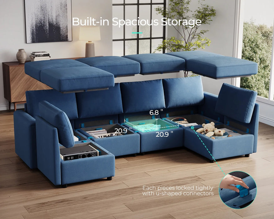 Modular Couches and Sofas Sectional with Storage, 6 Seat Sectional Sofa for Living Room, U Shaped Sectional Couch with Reversible Chaises, Blue