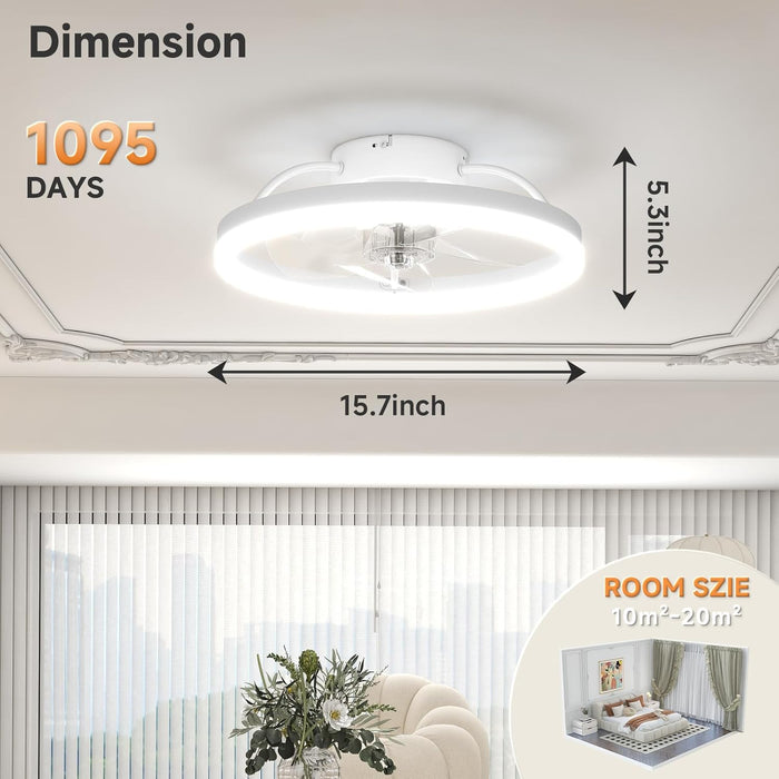 Low Profile Ceiling Fan with Lights and Remote, 15.7In Bladeless Ceiling Fans with Light Flush Mount, 3000K-6500K Dimmable Modern LED Fan Light, White Fandelier Ceiling Fans for Bedroom
