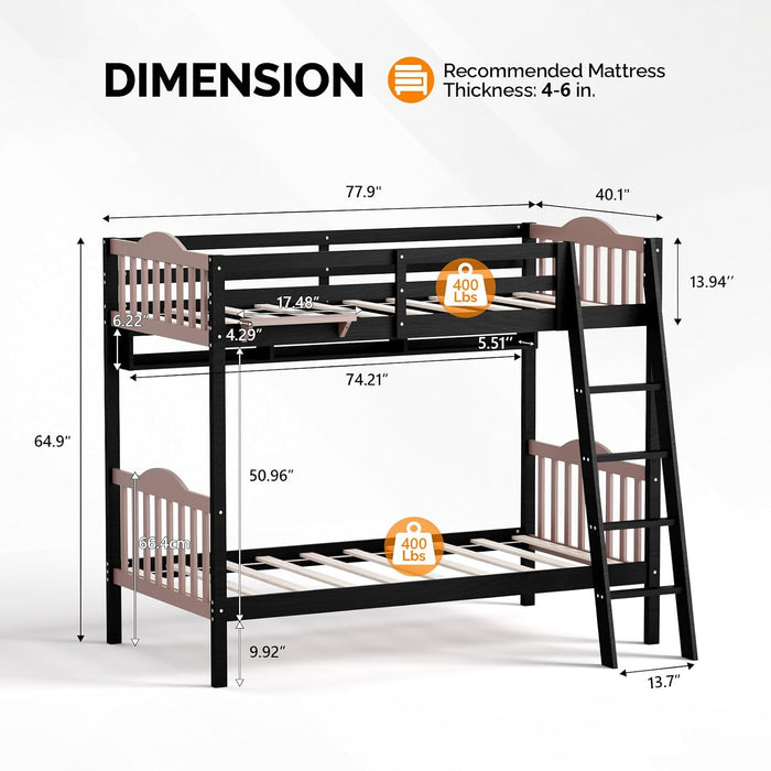 Premium Solid Wood BunkBed TwinOverTwin FullLengthGuardrails