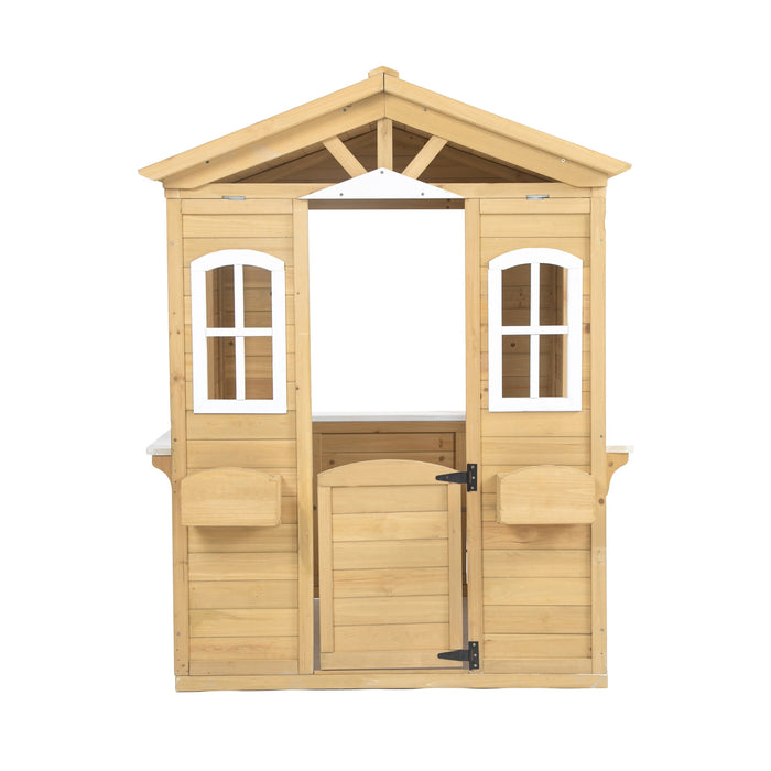 Wooden Kids Playhouse, Outdoor Playhouse with Working Door & Flowers Pot Holder, Oak