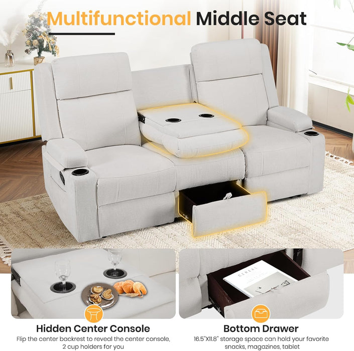 Reclining Sofa Couch,Loveseat 3 Seater Recliner Sofa with Drop down Table/ 4 Cup Holder/Hidden Storage, Wall Hugger Recliner Sofa for Living Room & Home Theater & Rv(Beige)