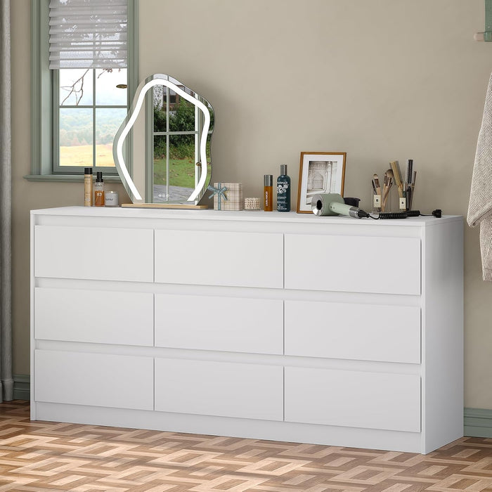 Modern 9 Large Storage Drawers Dresser for Clothes Organizer, White Modern Chest of Drawers for Closet, 60" Long Drawer Organizer Cabinet for Bedroom,Living Room,Entryway,Hallway