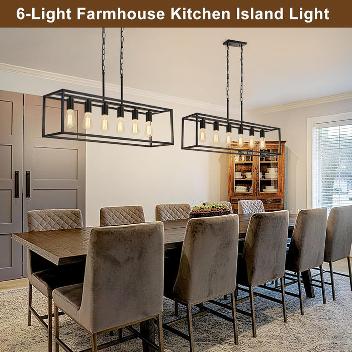 6 Light Black Chandeliers for Dining Room, Adjustable Height Linear Chandelier Kitchen Light Fixture, Modern Farmhouse Chandelier Rectangle Island Light for Kitchen Hanging Light Fixtures