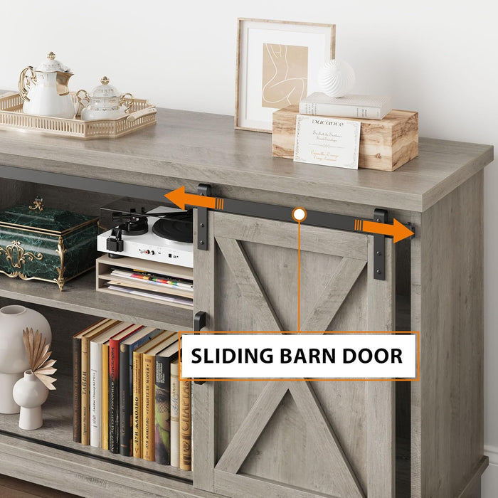 Farmhouse Tv Stand for 65 Inches Tvs, Entertainment Center with Storage and Sliding Barn Doors, Adjustable Shelf Modern Media TV Console TV Stand Table for Living Room, Bedroom, Grey
