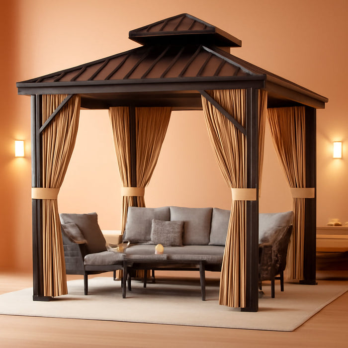 10X10 Ft Double Roof Hardtop Gazebo, Heavy Duty Galvanised Steel Hardtop Pavilion with Nettings and Curtains, Metal Roof Gazebo for Patio, Terrace, Lawn and Deck, Brown