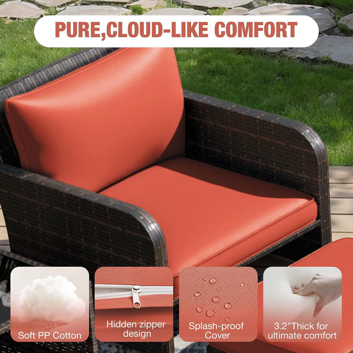 Patio Conversation Set 5 Piece, Balcony Furniture Outdoor PE Rattan Wicker Lounge Chairs with Soft Cushions, 2 Ottomans & Glass Table for Porch Lawn, Brown (Orange Red Cushions