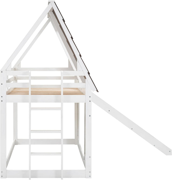 Twin over Twin House Bunk Bed Frame with Roof,Window,Ladder and Slide for Boys Girls, White & Brown