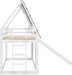 Twin over Twin House Bunk Bed Frame with Roof,Window,Ladder and Slide for Boys Girls, White & Brown