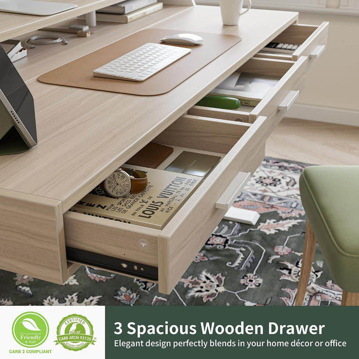 One-Piece Standing Desk 48X26 with 3 Wood Drawers, Light Walnut