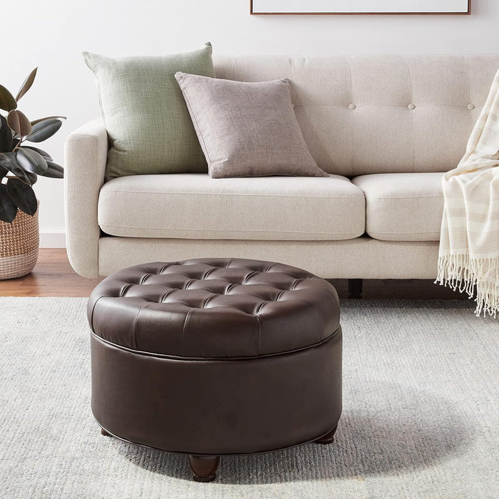 Home Decor | Button Tufted Faux Leather round Storage Ottoman | Ottoman with Storage for Living Room & Bedroom (Distressed Brown)