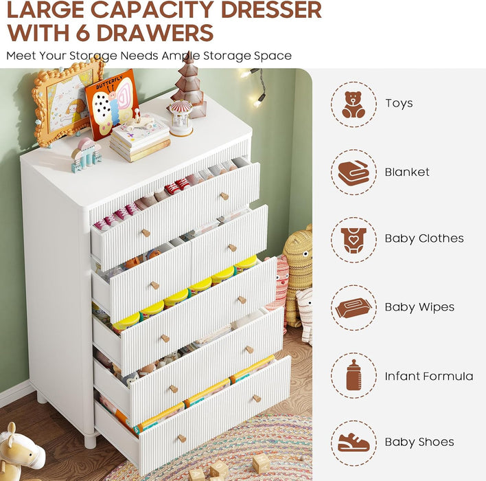 Fluted Dresser for Bedroom, Kids Dresser Cabinet with 6 Drawers