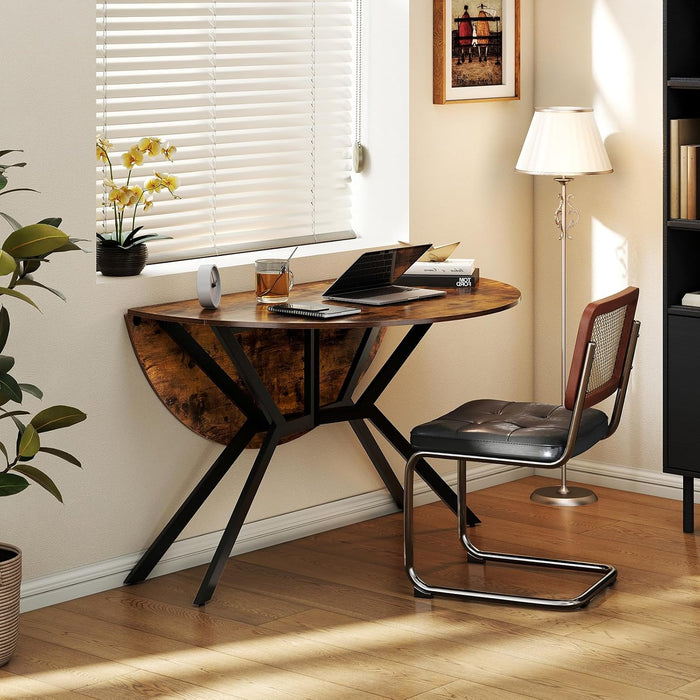 Folding Dining Table for 4, 47" round Kitchen Table for Small Space | Drop Leaf Kitchen Table W/Sturdy Metal Frame, Space-Saving Expandable Dinner Table for Dinette, Living Room, Apartment, Brown