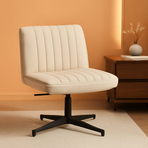 Criss Cross Chair,Armless Cross Legged Office Chair,Wide Comfty Desk Chair with No Wheels Modern Height Adjustable,Swivel Fabric Vanity Chair Computer Task Chair (Pack of 1, Beige)