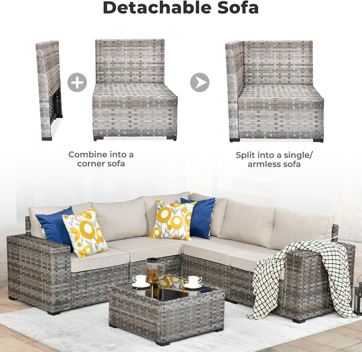 6 Pieces Patio Furniture Set Outdoor Sectional Sofa Couch with Comfy Cushions and Deep Seat, Modern Modular Wicker Rattan Conversation Set, Beige
