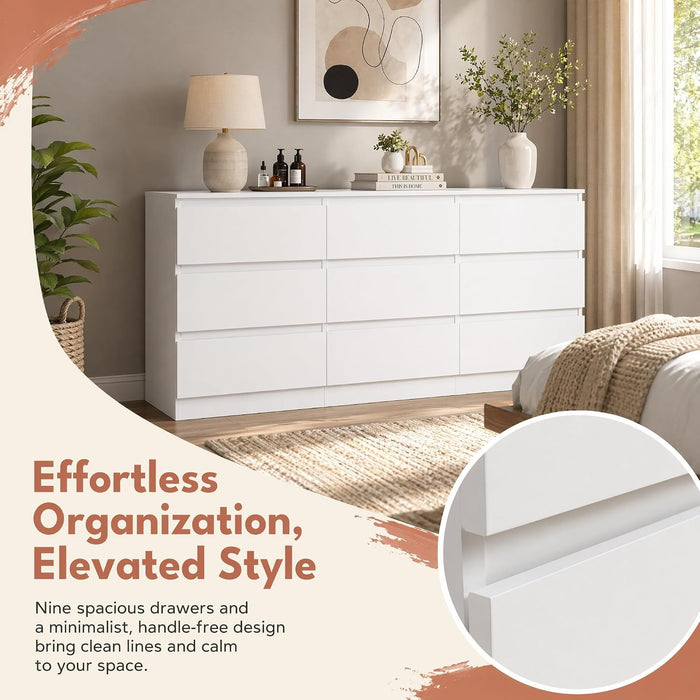 White 9 Drawer Dresser for Bedroom,Modern Deep Drawer Dresser with No-Handle Design,Wide Storage Chest of Drawers,Wood Bedroom Storage Organizer Furniture for Closet,Hallway