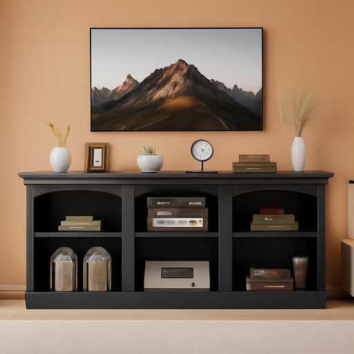 Farmhouse TV Stand with Cord Management for 75/80 Inch TV, Entertainment Center with Adjustable Shelf & Open Storage, 70" TV Console Table for Living Room (Black)