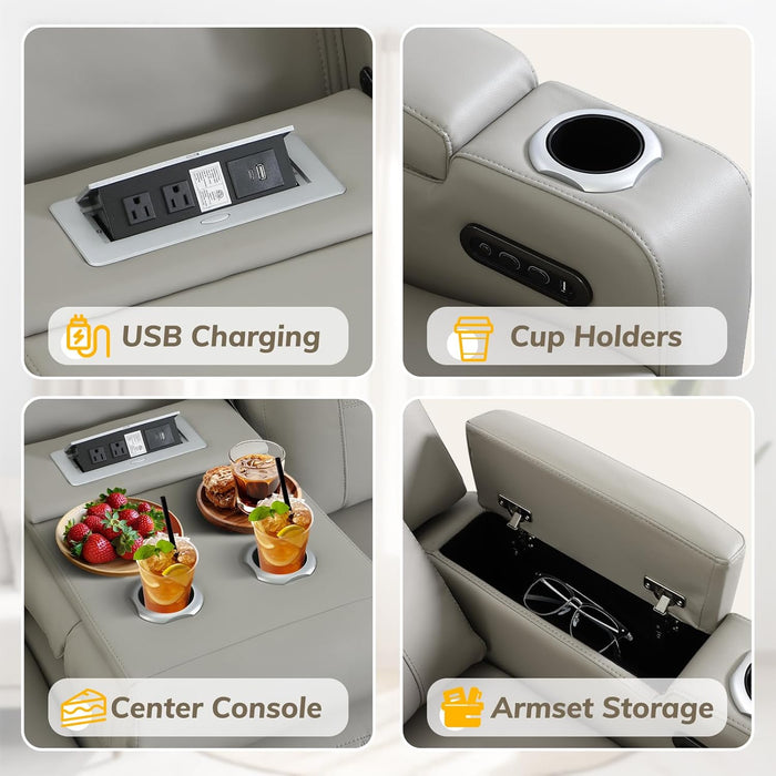 Power Recliner Sofa, Home Theater Seating with Adjustable Headrest, Blue LED Lighting, Reclining Loveseat, Flip-Up Backrest Storage, Multi-Port Charger, Cup Holder, USB