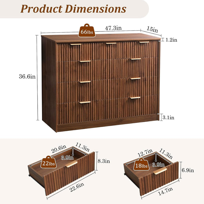 Fluted Tall Dresser for Bedroom, 9 Drawer Chest of Drawers,Walnut