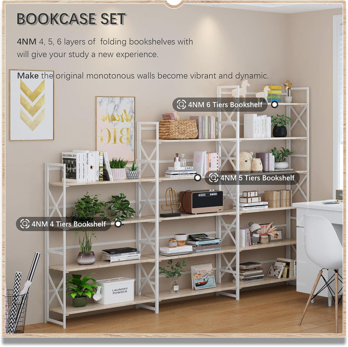 Extra Wide 5 Tiers No Assembly Book Shelves, 51.2" H Folding Bookshelf Bookcase Open Industrial Foldable Shelves for Bedroom, Living Room, Home Office - Natural White