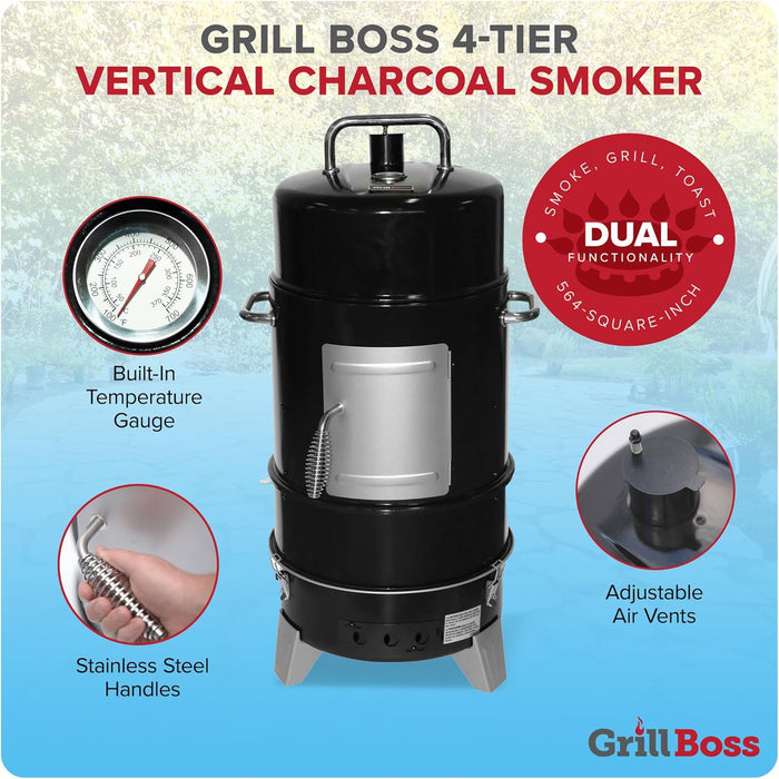 4 Tier Vertical Freestanding Charcoal Smoker Portable BBQ Grill with Temperature Gauge for Outdoors, 564 Square Inch Cooking Area, Black