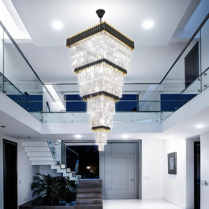 W32In X H94.5In Large Black Gold Crystal Chandelier,Square Crystal Raindrop Chandelier High Ceiling Pendant Light for Entrance Villa Foyer Ceiling Lighting Fixtures